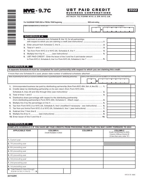 Form NYC-9.7C Ubt Paid Credit - Business Corporations - New York City, 2022