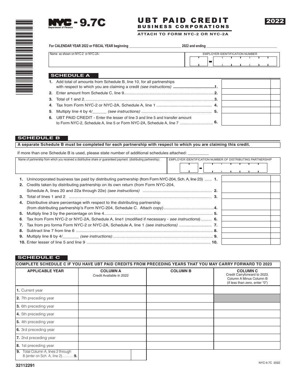 Form NYC-9.7C Download Printable PDF or Fill Online Ubt Paid Credit ...