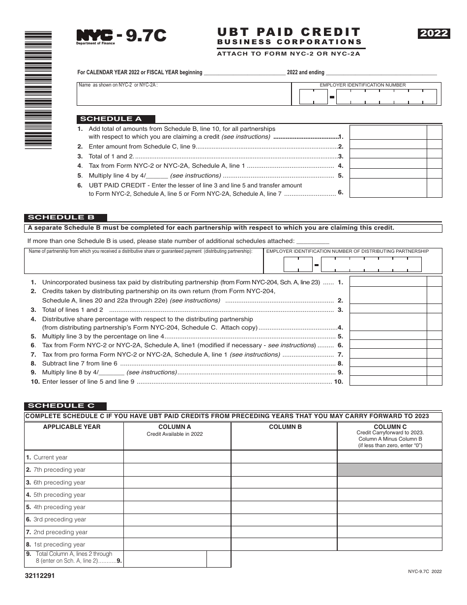 Form NYC-9.7C Ubt Paid Credit - Business Corporations - New York City, Page 1