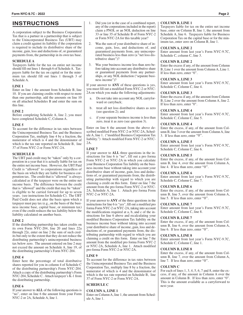 Form NYC-9.7C Ubt Paid Credit - Business Corporations - New York City, Page 2