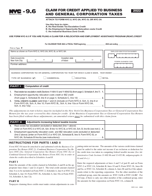 Form NYC-9.6 Claim for Credit Applied to Business and General Corporation Taxes - New York City, 2022