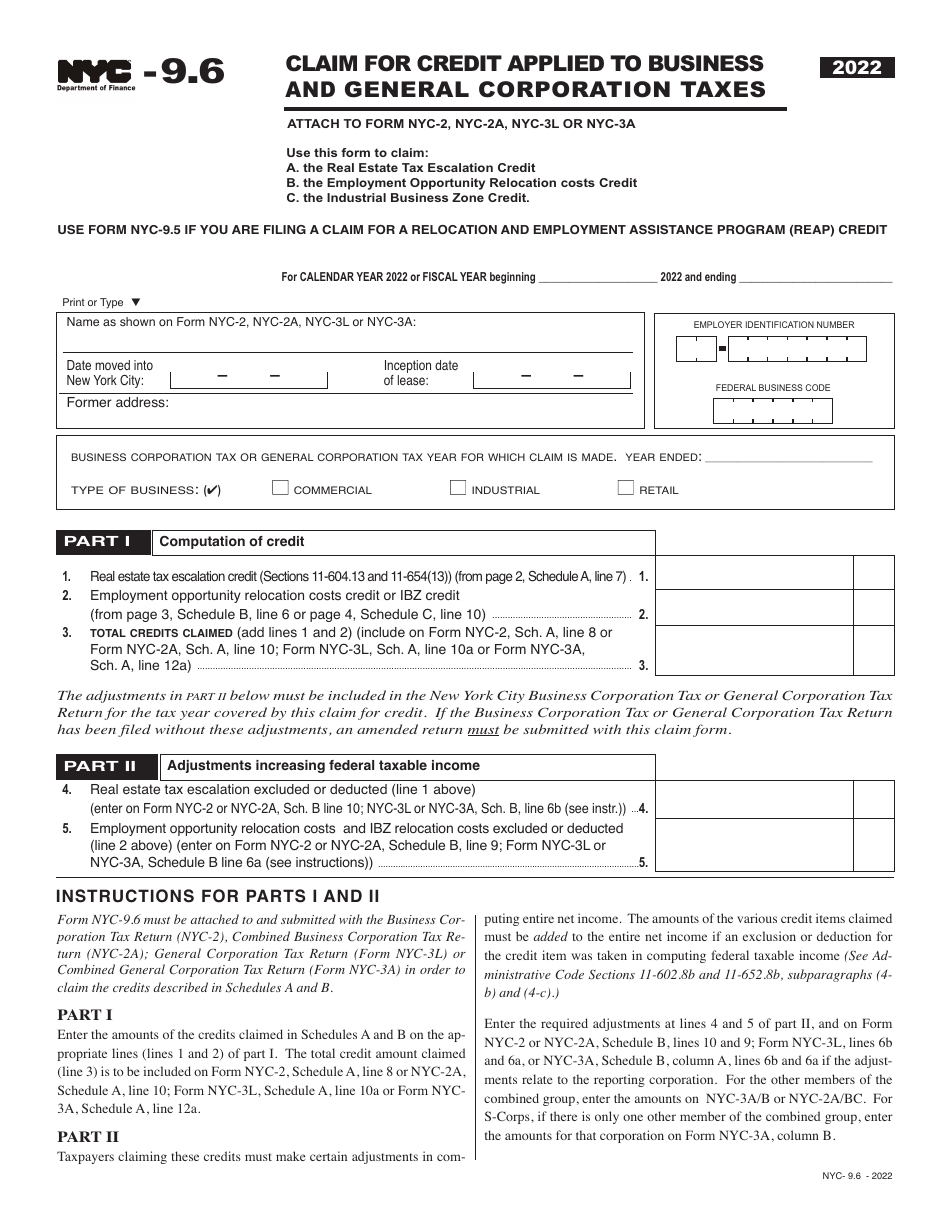 Form NYC-9.6 Claim for Credit Applied to Business and General Corporation Taxes - New York City, Page 1