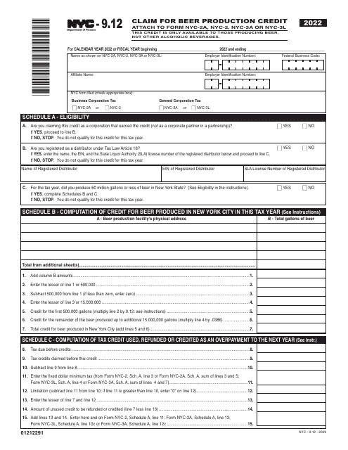 Form NYC-9.12 Claim for Beer Production Credit - New York City, 2022