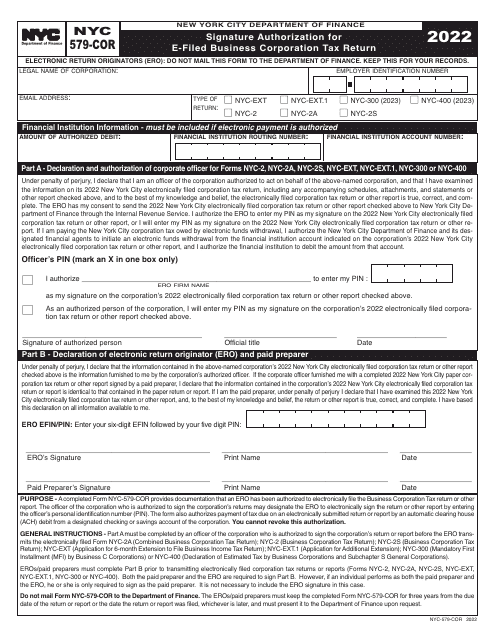Form NYC-579-COR Signature Authorization for E-Filed Business Corporation Tax Return - New York City, 2022