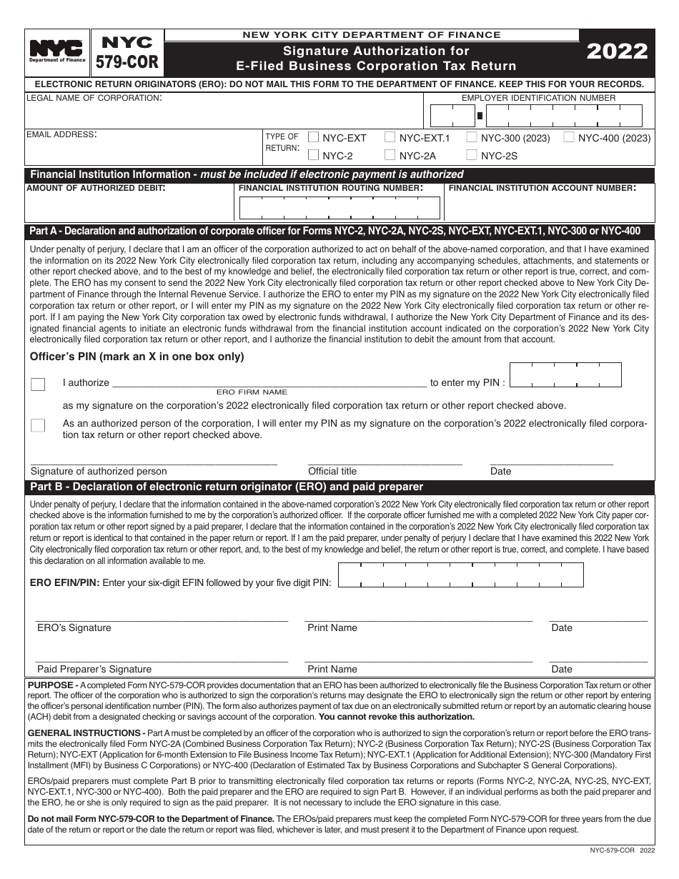 Form NYC-579-COR Signature Authorization for E-Filed Business Corporation Tax Return - New York City, Page 1