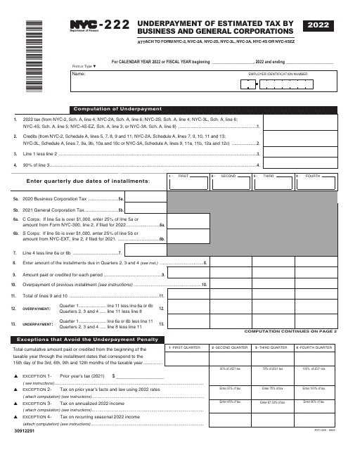 Form NYC-222 Underpayment of Estimated Tax by Business and General Corporations - New York City, 2022
