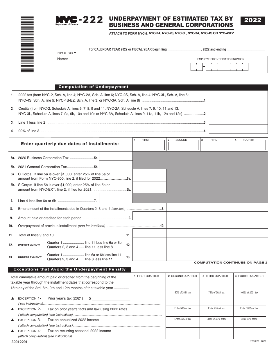 Form NYC-222 Underpayment of Estimated Tax by Business and General Corporations - New York City, Page 1