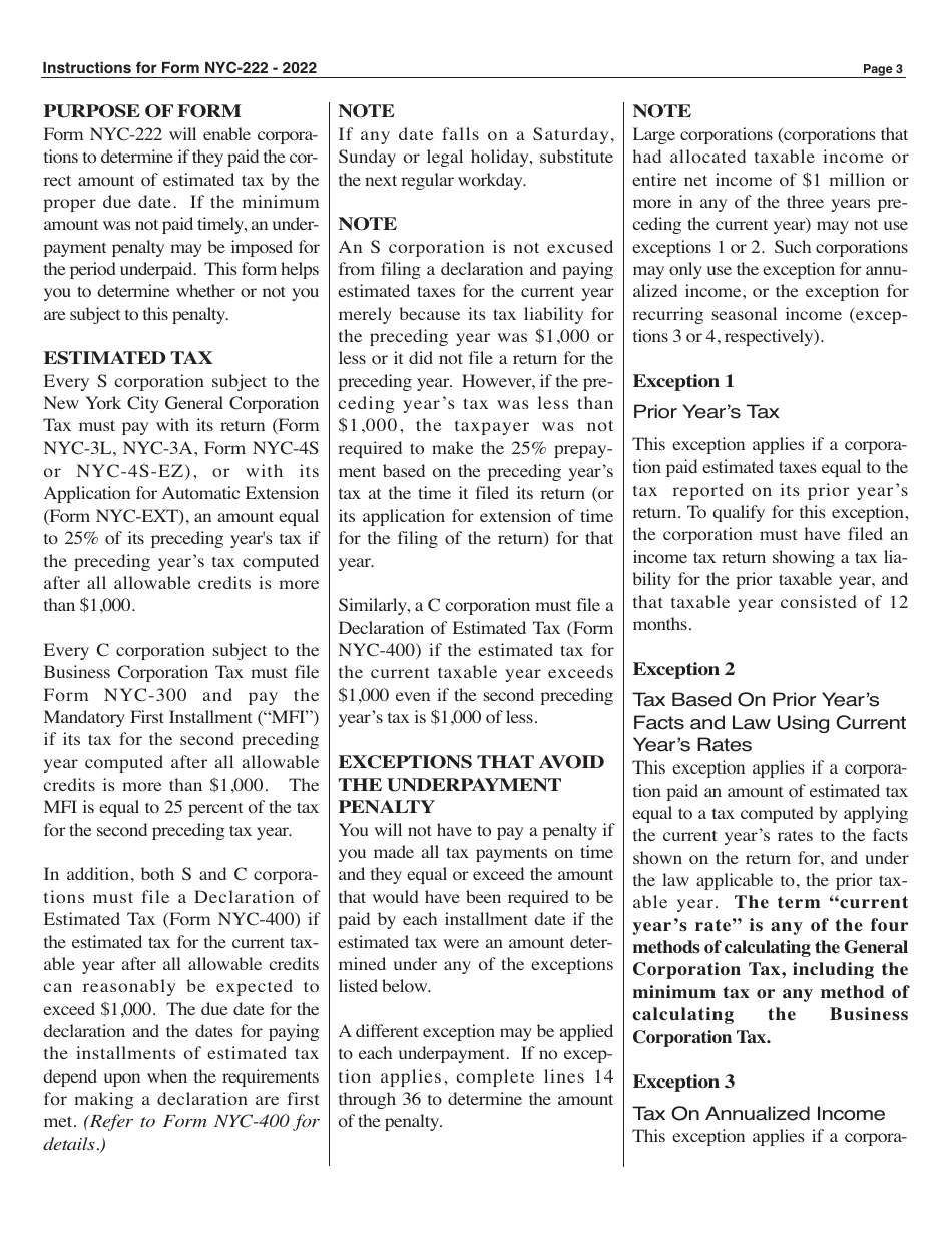 Form NYC-222 Underpayment of Estimated Tax by Business and General Corporations - New York City, Page 3