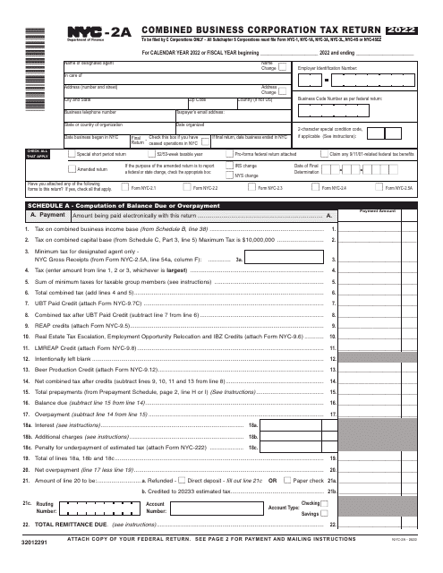 Form NYC-2A Combined Business Corporation Tax Return - New York City, 2022