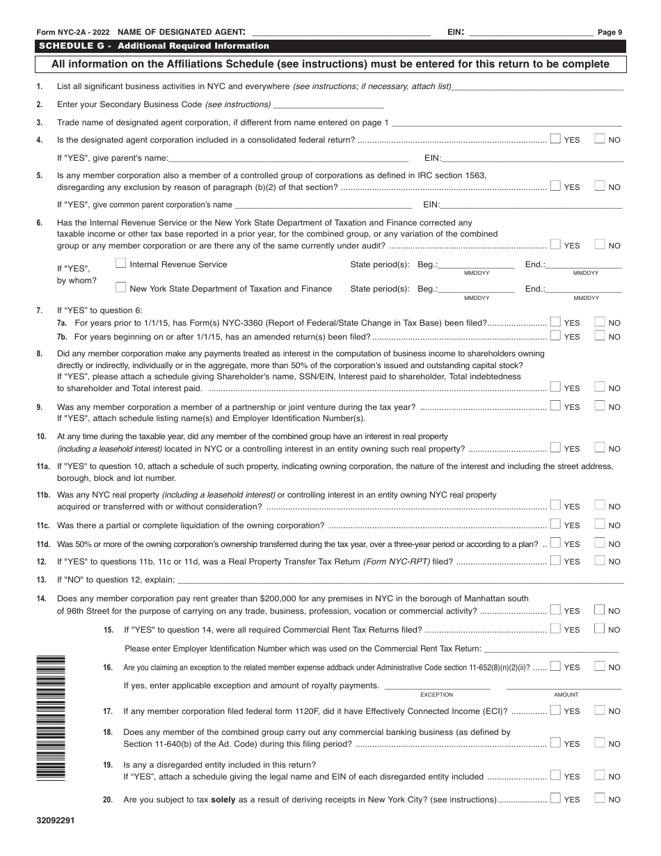 Form NYC-2A Combined Business Corporation Tax Return - New York City, Page 9