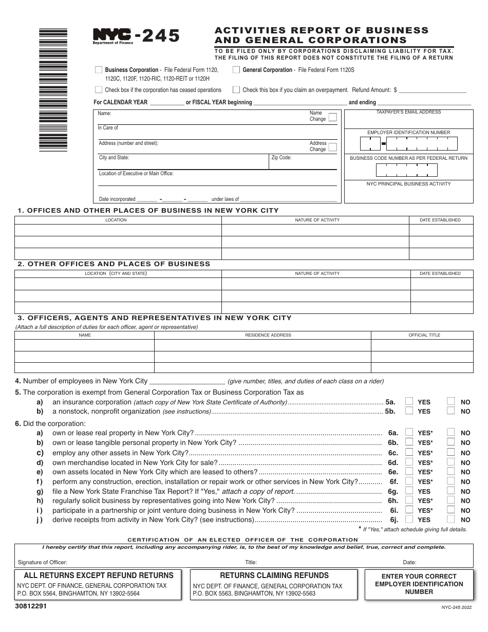 Form NYC-245 Activities Report of Business and General Corporations - New York City, Page 1