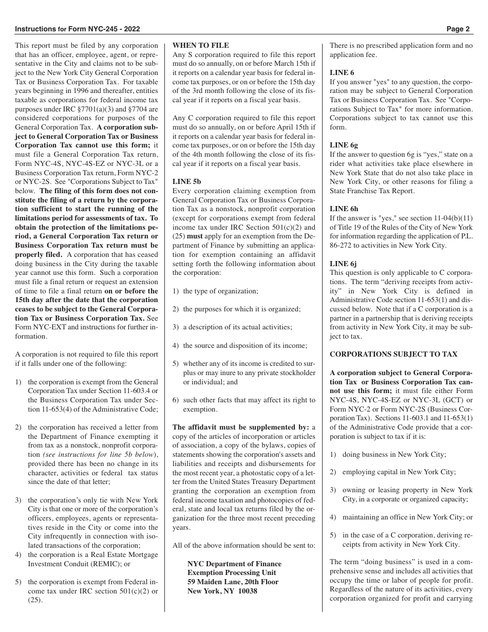 Form NYC-245 Activities Report of Business and General Corporations - New York City, Page 2