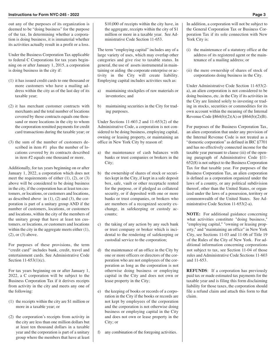 Form NYC-245 Activities Report of Business and General Corporations - New York City, Page 3