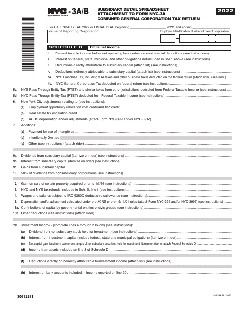 Form NYC-3A/B Subsidiary Detail Spreadsheet Attachment to Form Nyc-3a Combined General Corporation Tax Return - New York City, 2022