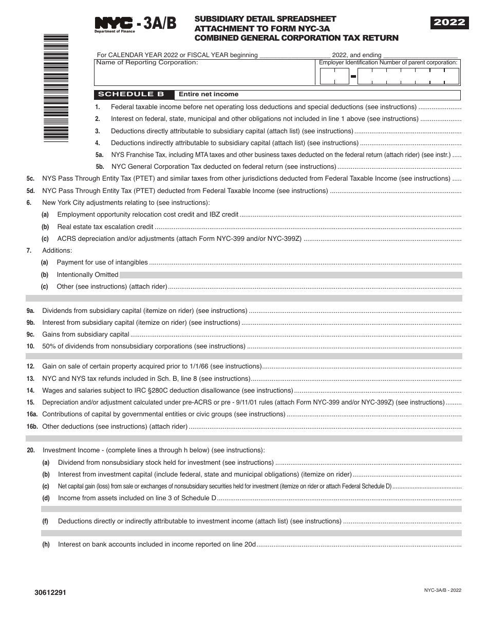 Form NYC-3A / B Subsidiary Detail Spreadsheet Attachment to Form Nyc-3a Combined General Corporation Tax Return - New York City, Page 1