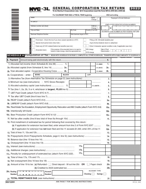 Form NYC-3L General Corporation Tax Return - New York City, 2022