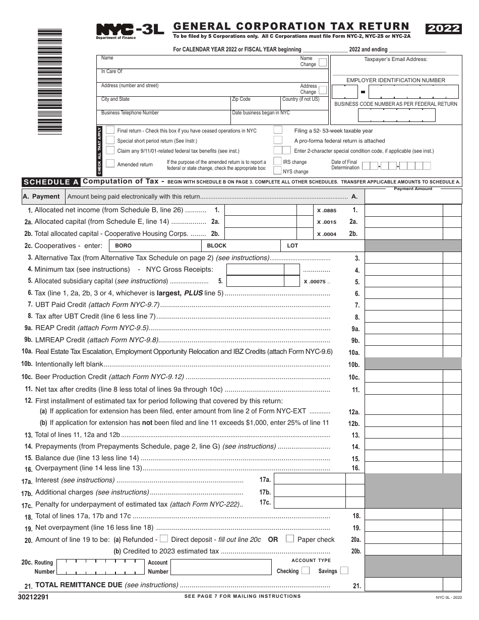 Form NYC-3L General Corporation Tax Return - New York City, Page 1