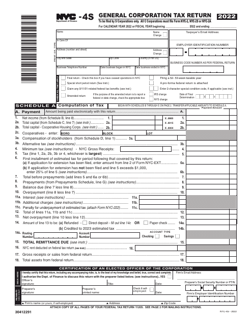 Form NYC-4S General Corporation Tax Return - New York City, 2022