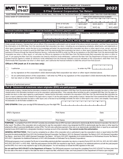 Form NYC-579-GCT Signature Authorization for E-Filed General Corporation Tax Return - New York City, 2022
