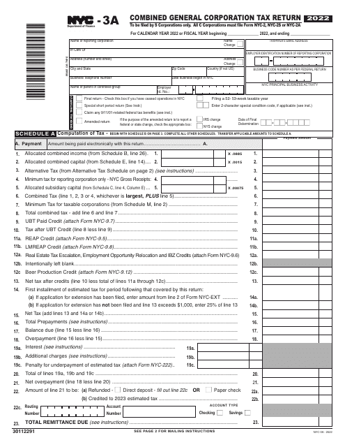 Form NYC-3A Combined General Corporation Tax Return - New York City, 2022