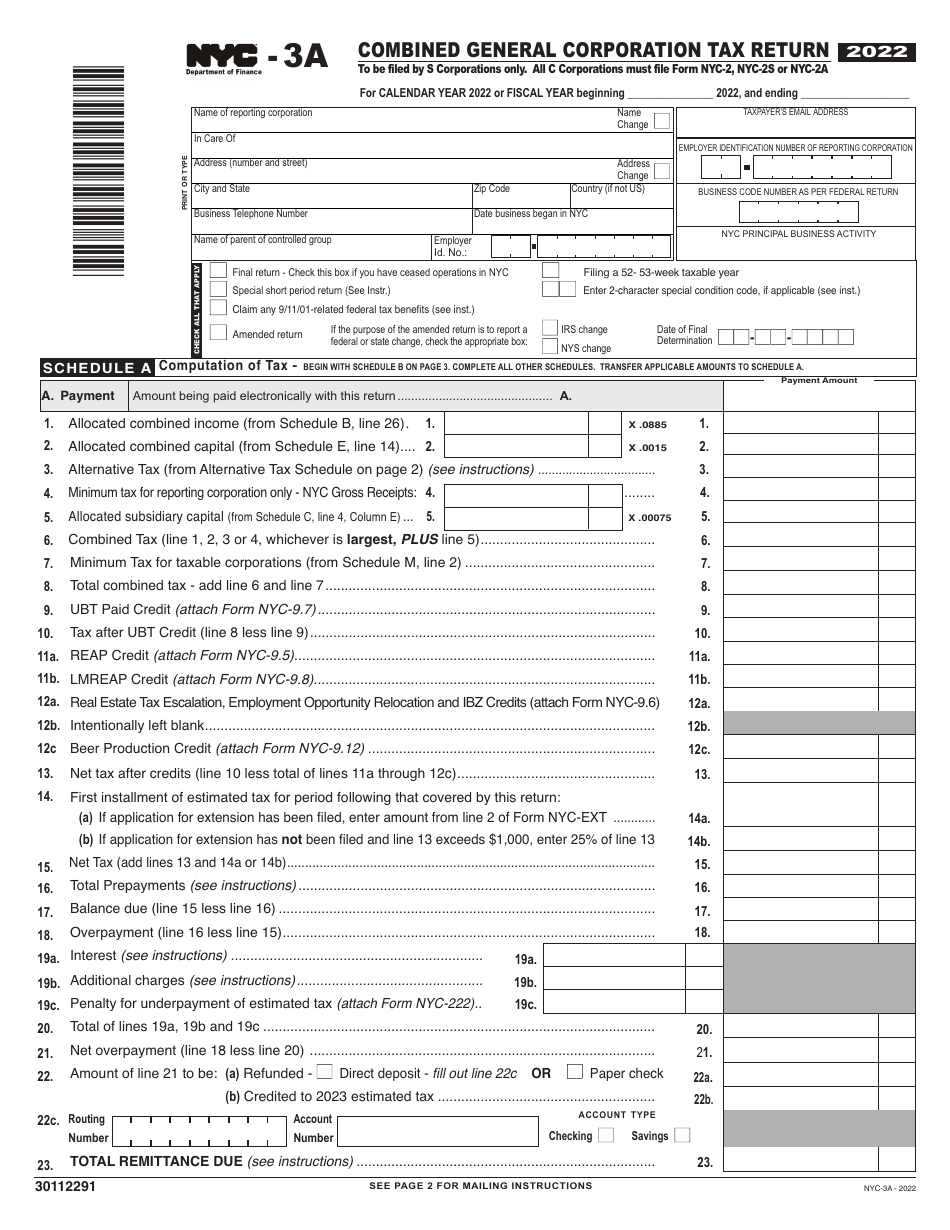 Form NYC-3A Combined General Corporation Tax Return - New York City, Page 1
