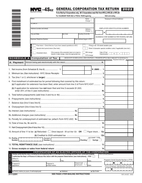 Form NYC-4S-EZ General Corporation Tax Return - New York City, 2022