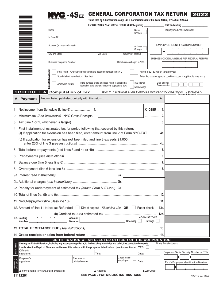Form NYC-4S-EZ General Corporation Tax Return - New York City, Page 1