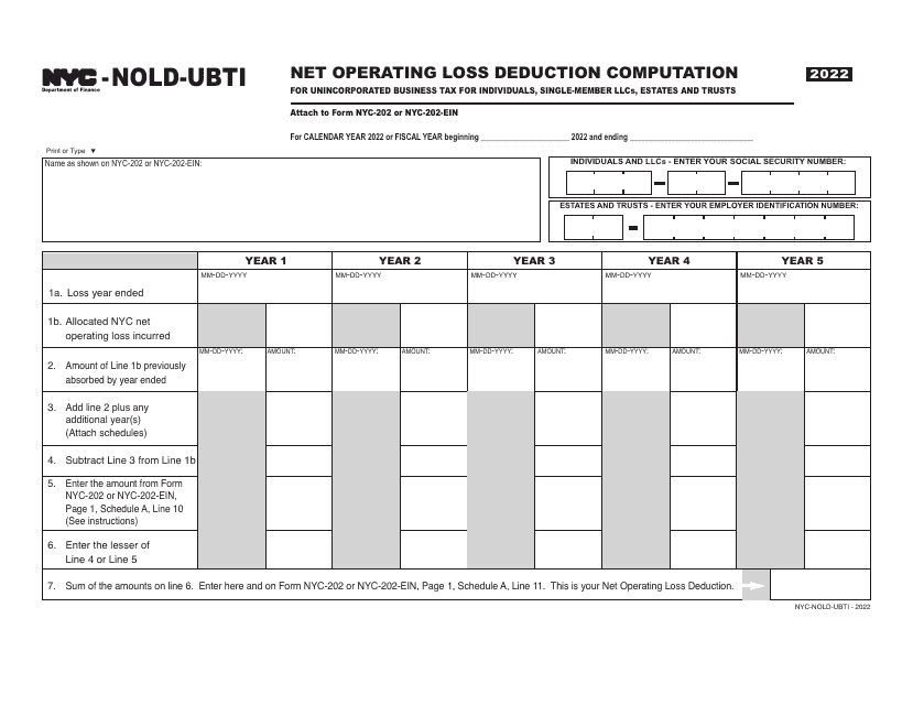 Form NYC-NOLD-UBTI Net Operating Loss Deduction Computation for Unincorporated Business Tax for Individuals, Single-Member Llcs, Estates and Trusts - New York City, 2022