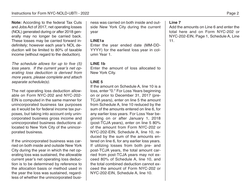Form NYC-NOLD-UBTI Net Operating Loss Deduction Computation for Unincorporated Business Tax for Individuals, Single-Member Llcs, Estates and Trusts - New York City, Page 2