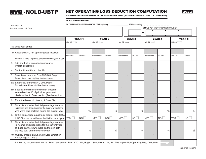 Form NYC-NOLD-UBTP Net Operating Loss Deduction Computation for Unincorporated Business Tax for Partnerships (Including Limited Liability Companies) - New York City, 2022