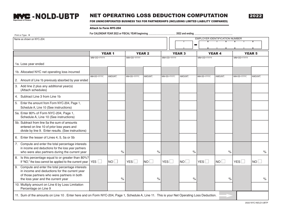 Form NYC-NOLD-UBTP Net Operating Loss Deduction Computation for Unincorporated Business Tax for Partnerships (Including Limited Liability Companies) - New York City, Page 1