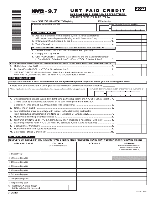 Form NYC-9.7 Ubt Paid Credit - Subchapter S General Corporations - New York City, 2022