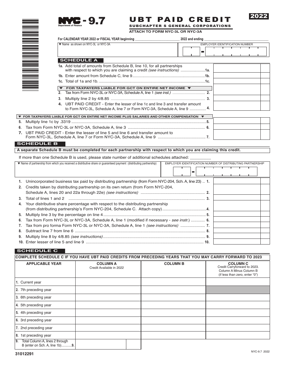 Form NYC-9.7 Ubt Paid Credit - Subchapter S General Corporations - New York City, Page 1