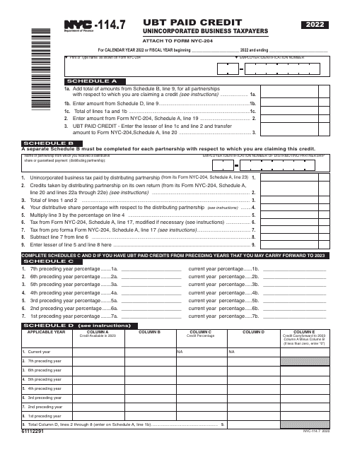 Form NYC-114.7 Ubt Paid Credit - Unincorporated Business Taxpayers - New York City, 2022