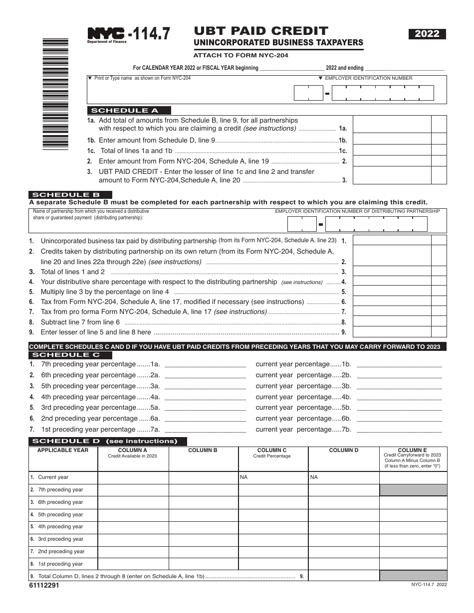 Form NYC-114.7 Ubt Paid Credit - Unincorporated Business Taxpayers - New York City, Page 1