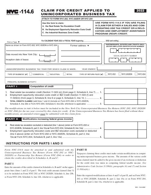 Form NYC-114.6 Claim for Credit Applied to Unincorporated Business Tax - New York City, 2022