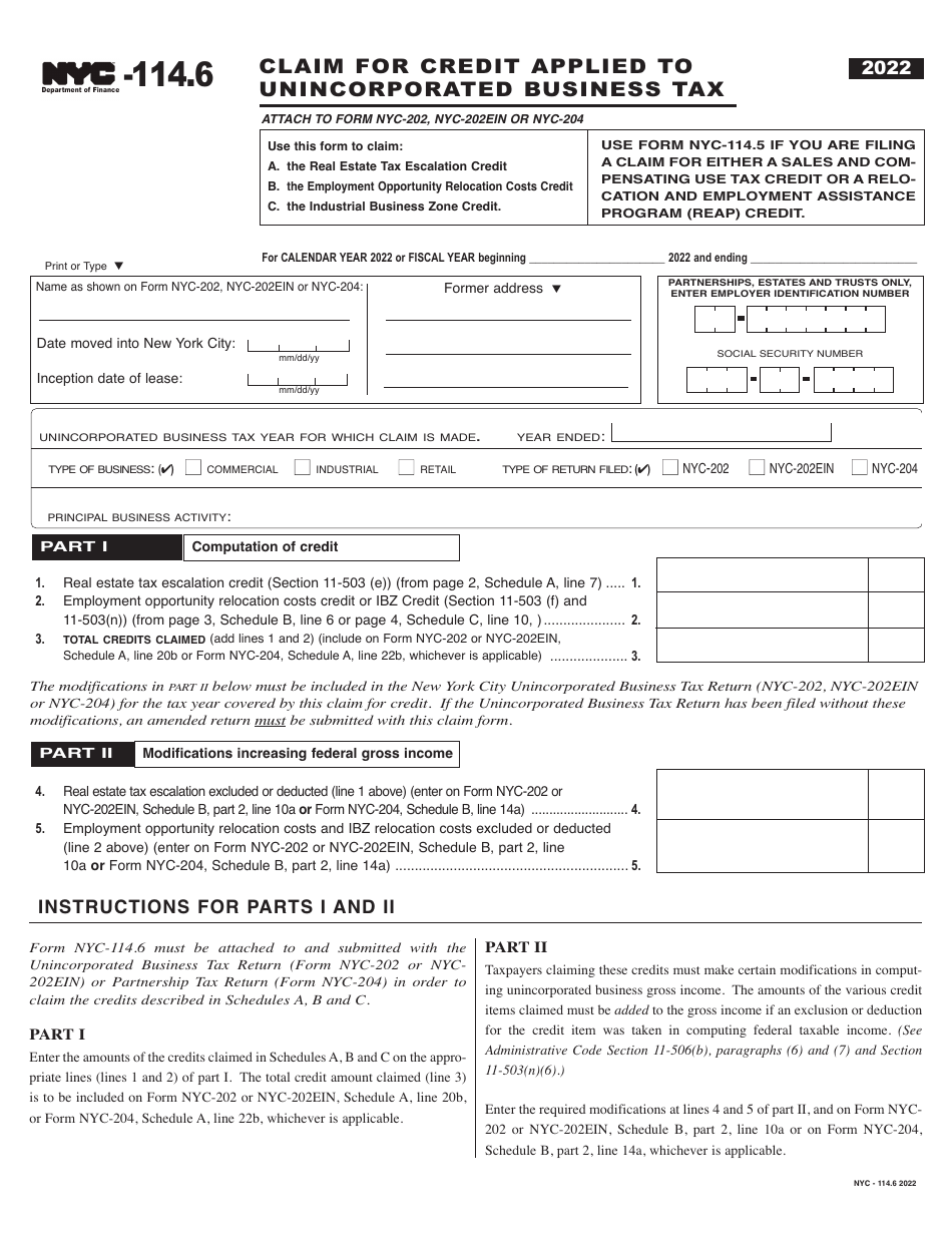 Form NYC-114.6 Claim for Credit Applied to Unincorporated Business Tax - New York City, Page 1