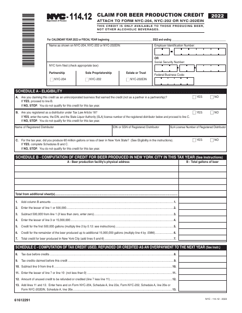 Form NYC-114.12 Claim for Beer Production Credit - New York City, 2022