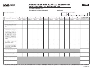 Document preview: Form NYC-WPE Worksheet for Partial Exemption - Unincorporated Business Tax - New York City, 2022