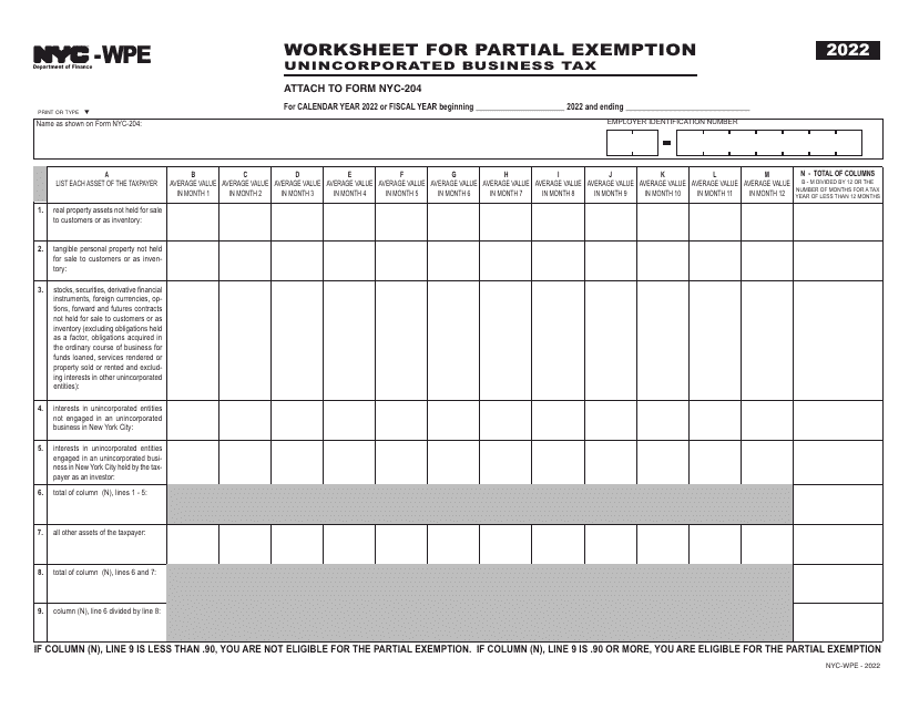 Form NYC-WPE Worksheet for Partial Exemption - Unincorporated Business Tax - New York City, 2022