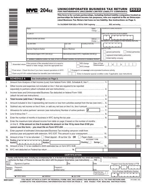 Form NYC-204EZ Unincorporated Business Tax Return for Partnerships (Including Limited Liability Companies) - New York City, 2022