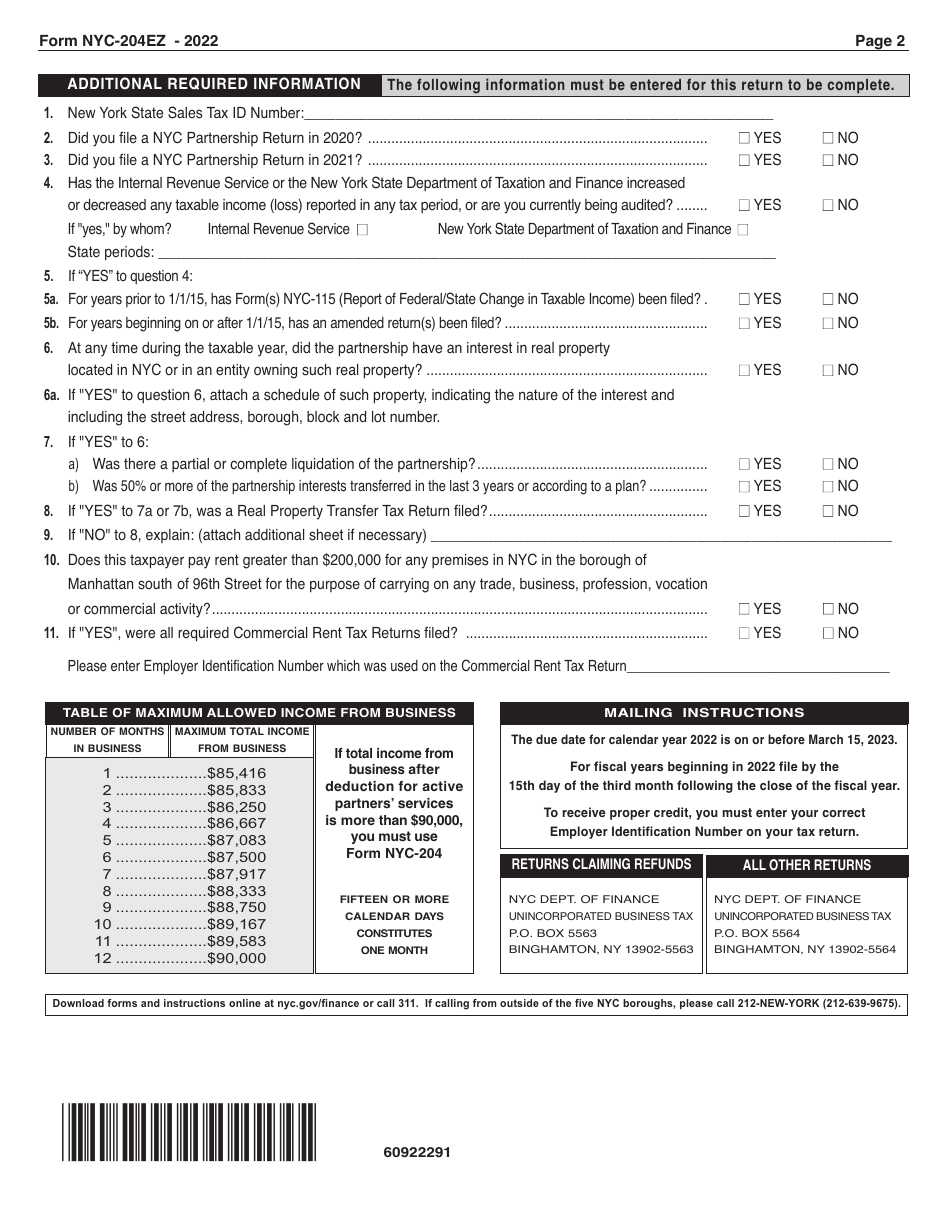 Form NYC-204EZ Unincorporated Business Tax Return for Partnerships (Including Limited Liability Companies) - New York City, Page 2