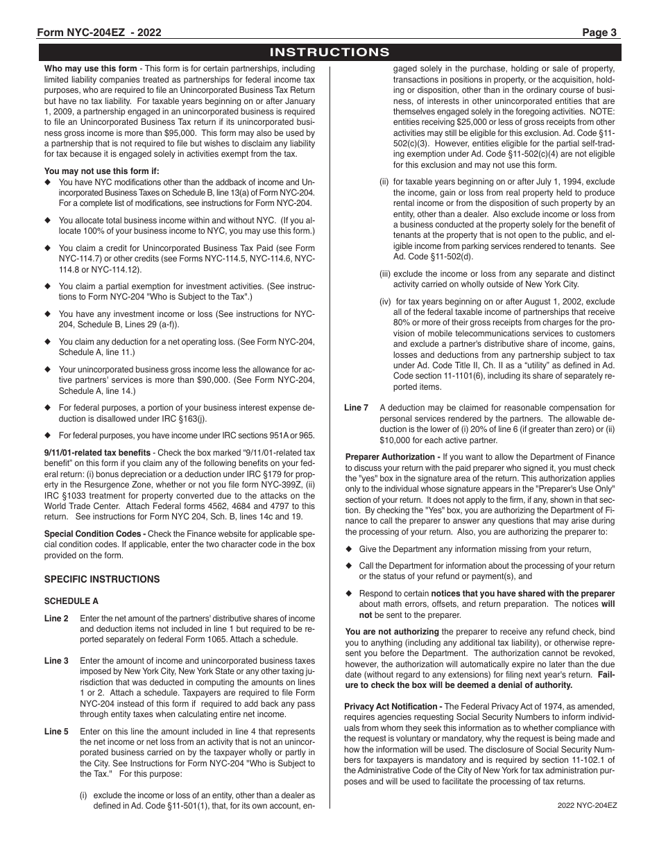 Form NYC-204EZ Unincorporated Business Tax Return for Partnerships (Including Limited Liability Companies) - New York City, Page 3