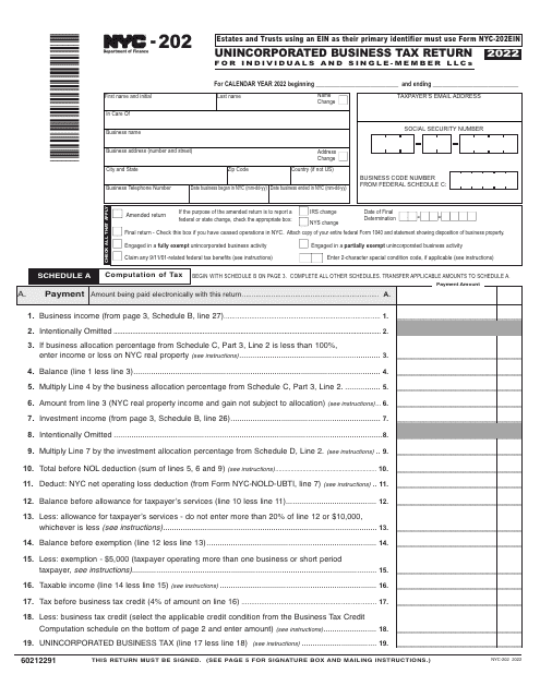 Form NYC-202 Unincorporated Business Tax Return for Individuals and Single-Member Llcs - New York City, 2022
