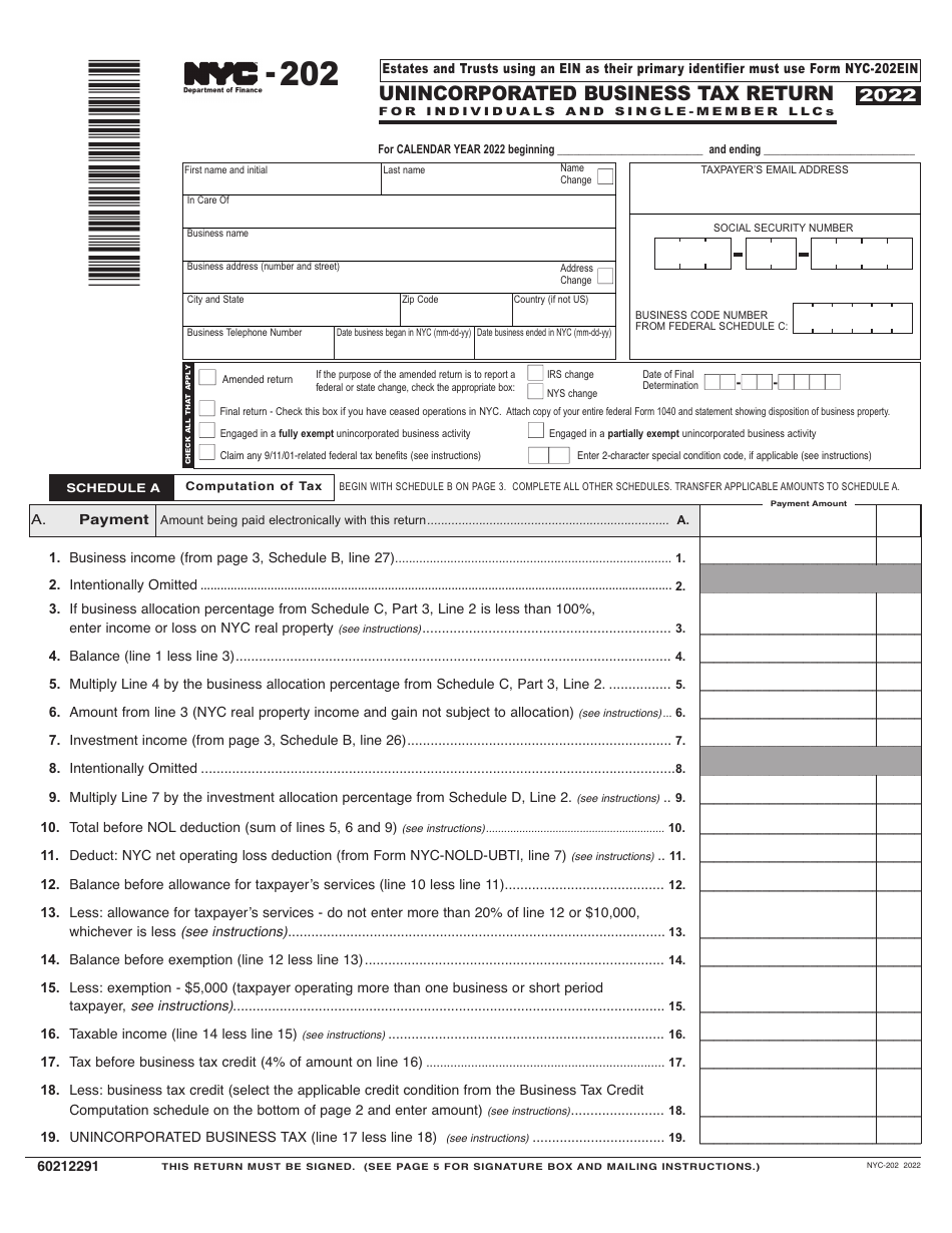 Form NYC-202 Unincorporated Business Tax Return for Individuals and Single-Member Llcs - New York City, Page 1