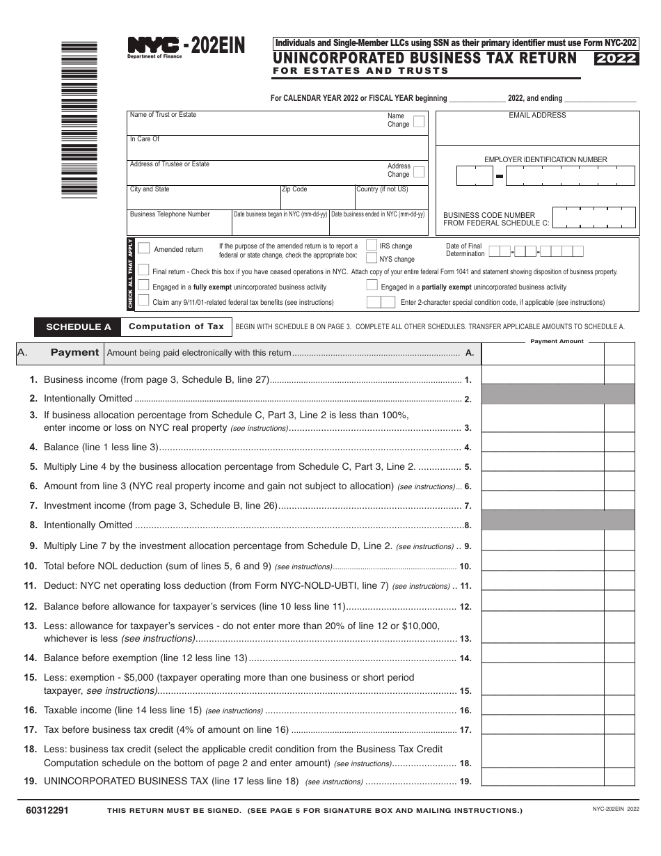 Form NYC-202EIN Unincorporated Business Tax Return for Estates and Trusts - New York City, Page 1