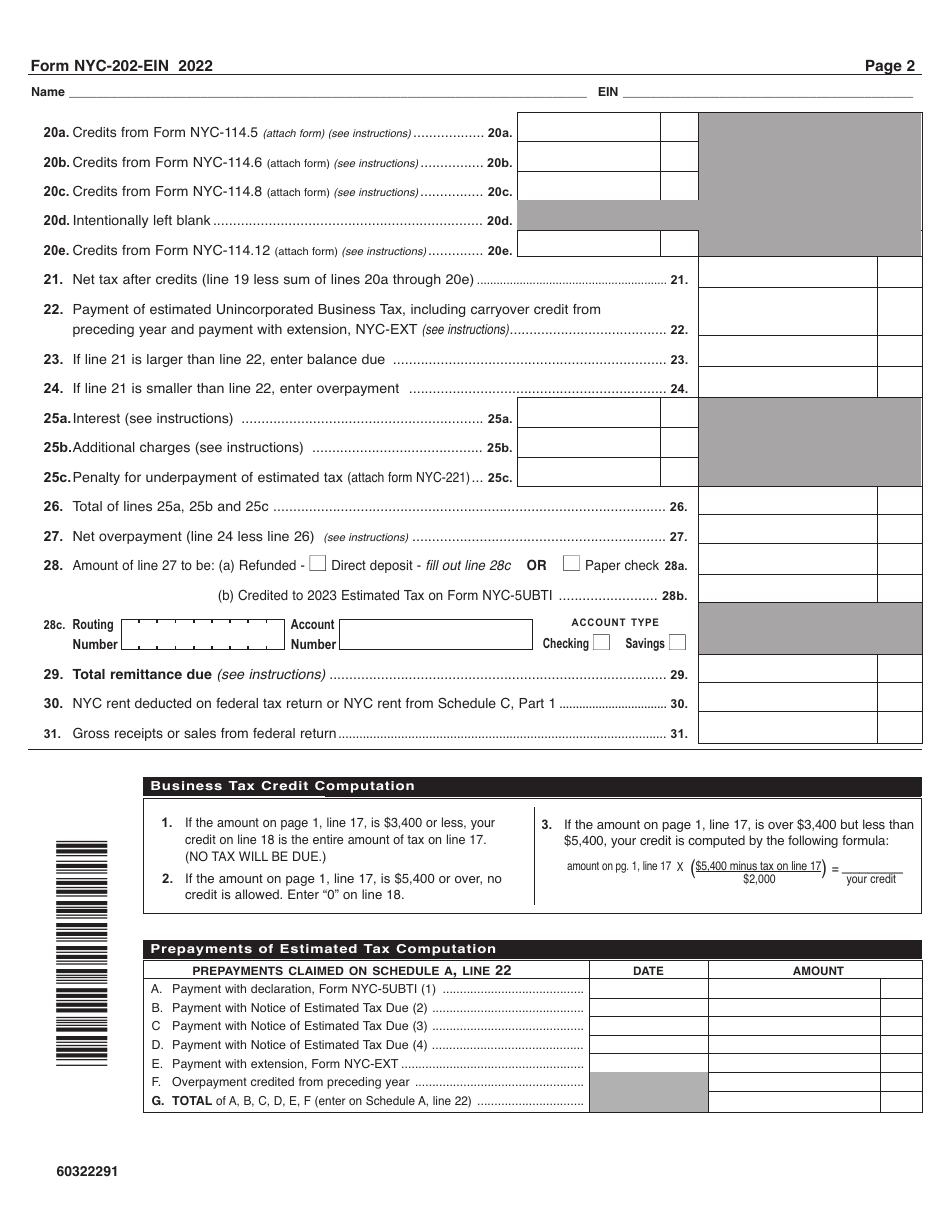 Form NYC-202EIN Download Printable PDF or Fill Online Unincorporated ...