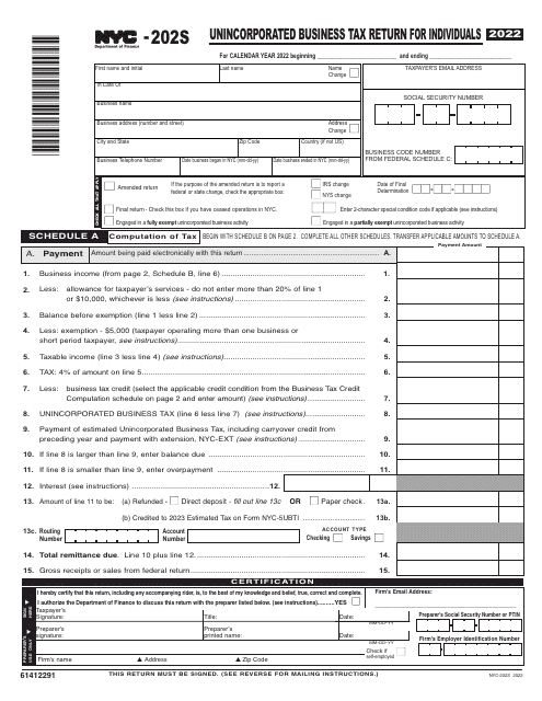 Form NYC-202S Unincorporated Business Tax Return for Individuals - New York City, 2022
