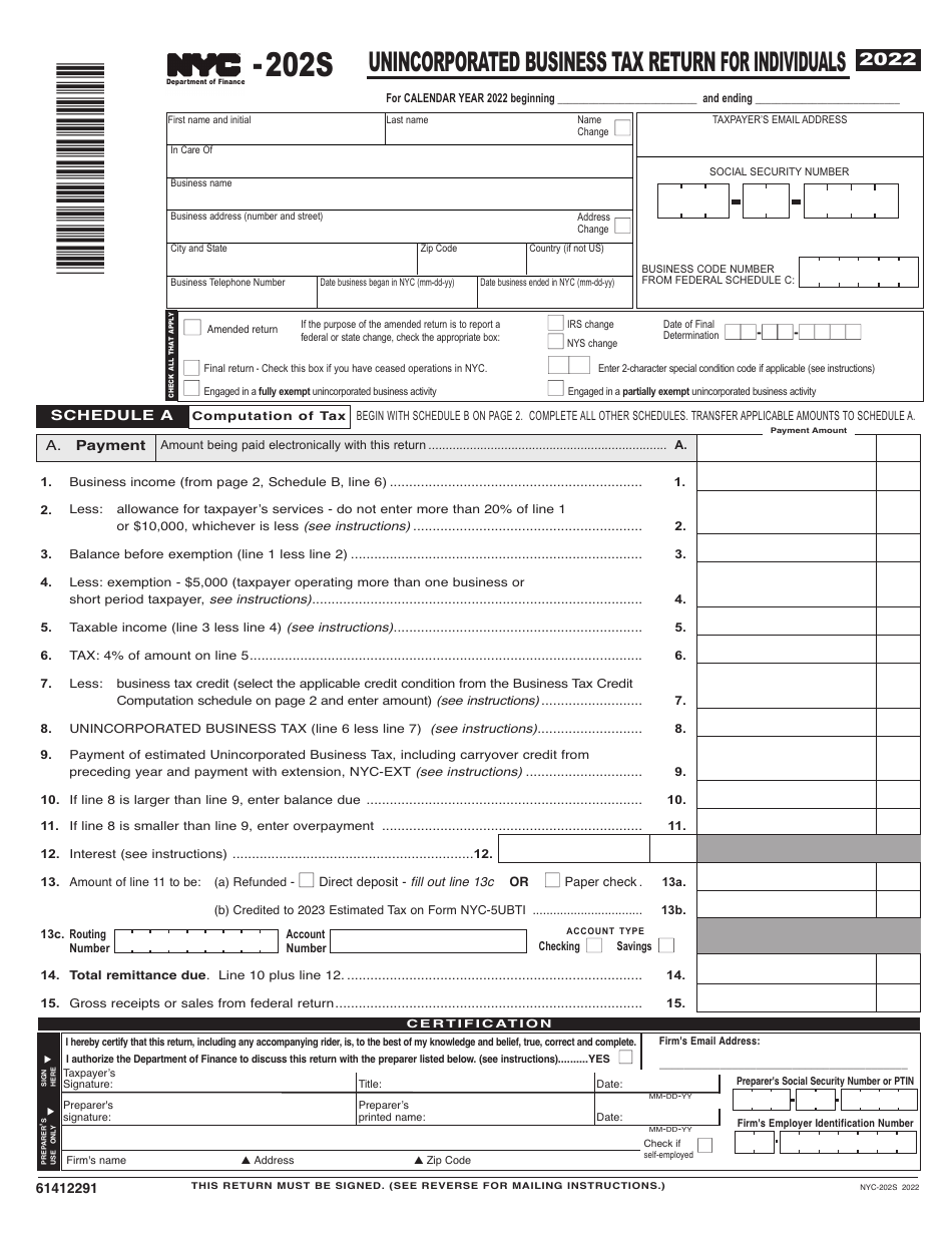 Form NYC-202S Unincorporated Business Tax Return for Individuals - New York City, Page 1