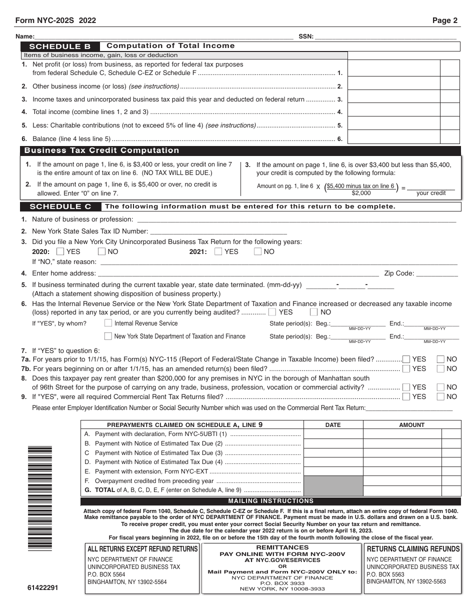 Form NYC-202S Download Printable PDF or Fill Online Unincorporated ...